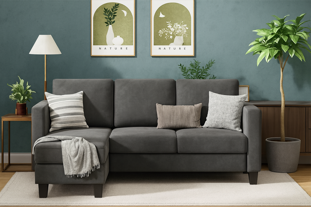 3 Seat L-Shaped Sofa With Linen Fabric Sectional Sofa Couch With Movable Ottoman