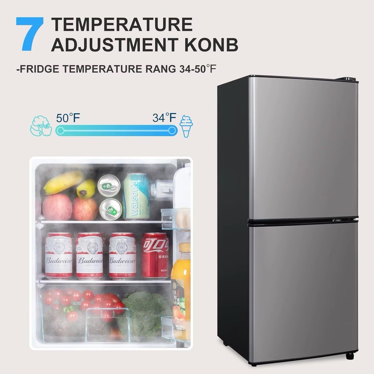 4.2 Cu Ft Mini Fridge for Bedroom, 2 Door Small Fridge, 7 Level Thermostat, LED