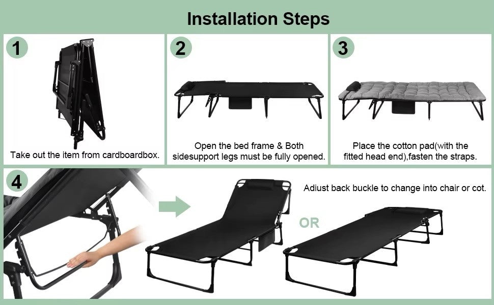 Portable Folding Camping Cot 3-Position Reclining Lounge Chair with Pillow 68cm