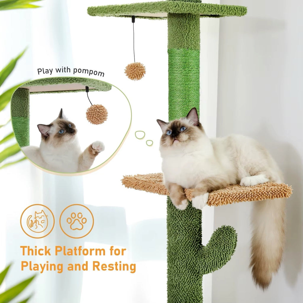 5-Tier Floor to Ceiling Cactus Cat Tree Tower with Hammock & Acrylic Nest