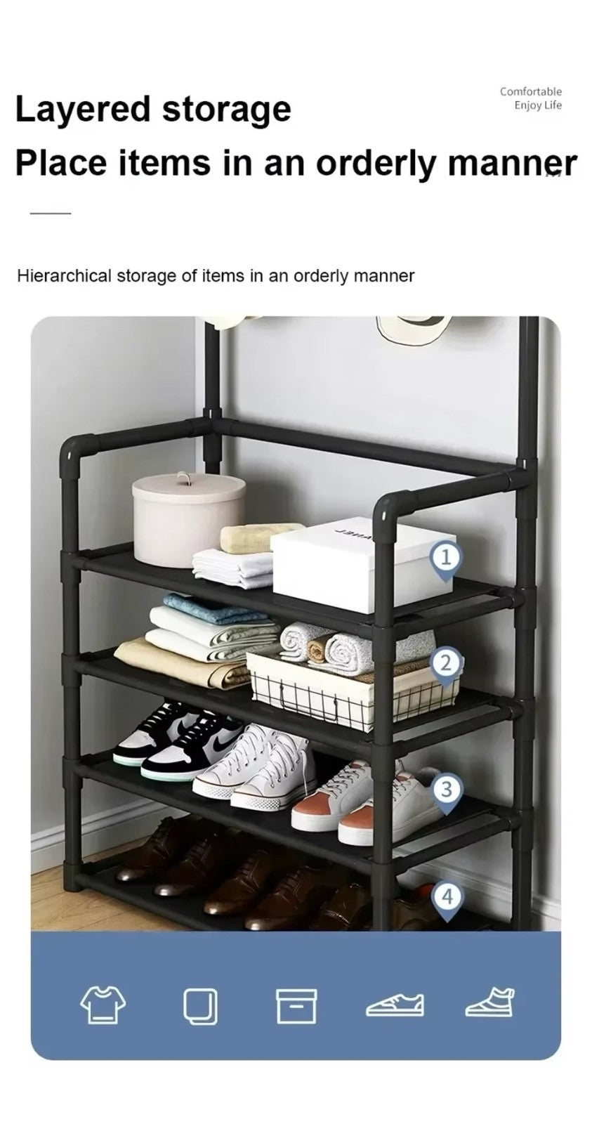 5-Tier Multi-Purpose Storage Rack with 8 Hooks, Hats, Coats, and Shoes (Black)