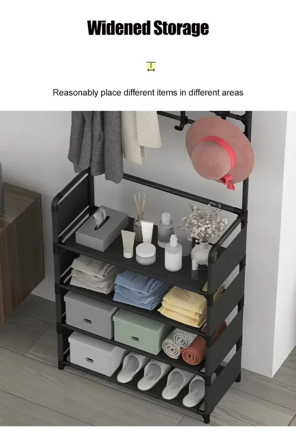 5-Tier Multi-Purpose Storage Rack with 8 Hooks, Hats, Coats, and Shoes (Black)