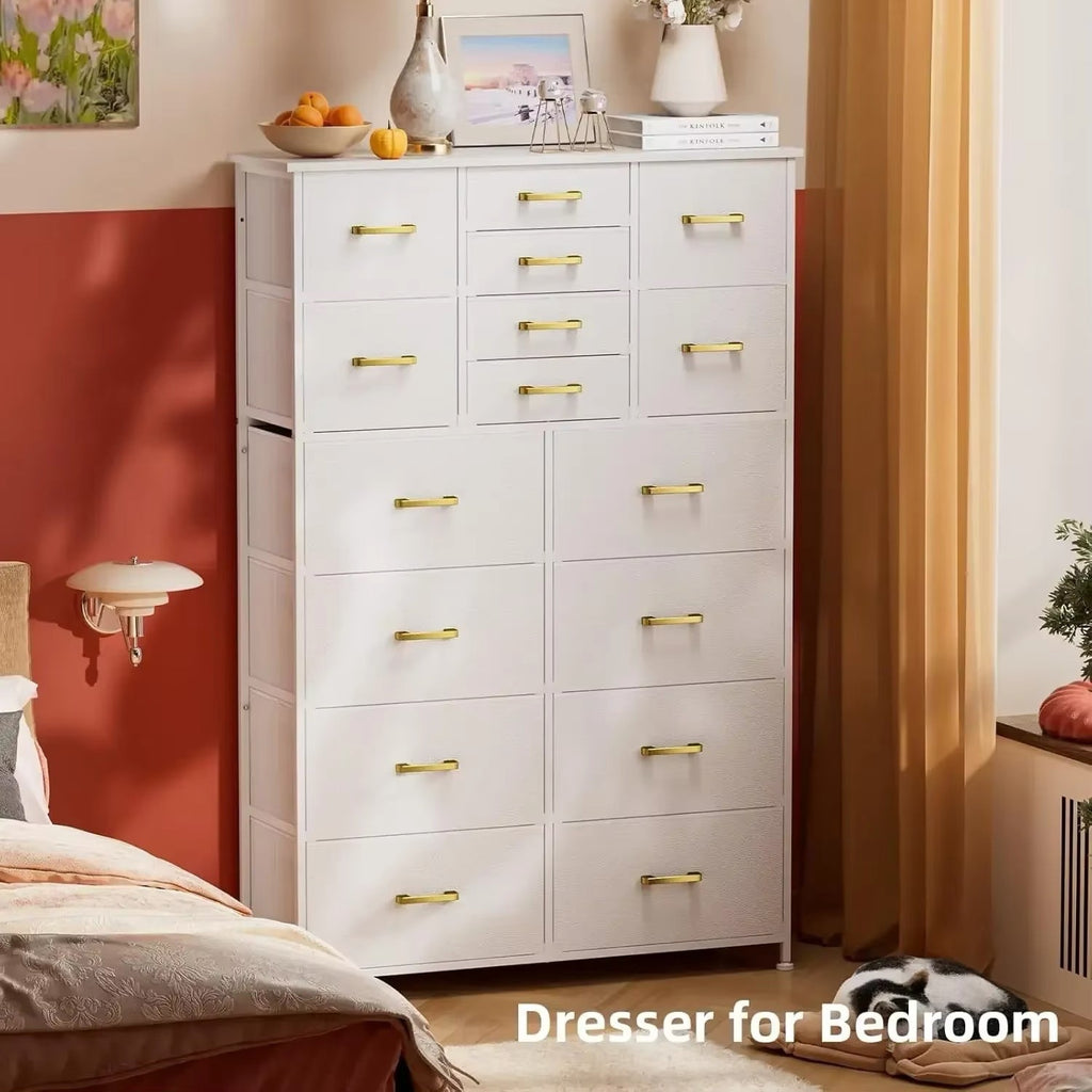 Tall Dresser for Bedroom, 16 Drawers, Wood Top and Metal Frame