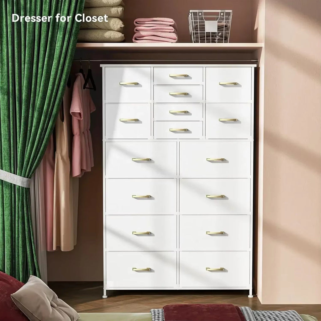 Tall Dresser for Bedroom, 16 Drawers, Wood Top and Metal Frame