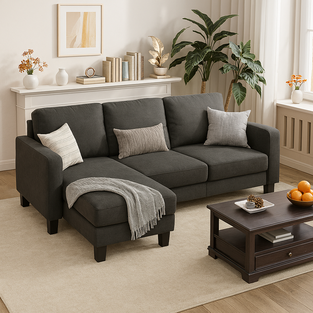 3 Seat L-Shaped Sofa With Linen Fabric Sectional Sofa Couch With Movable Ottoman