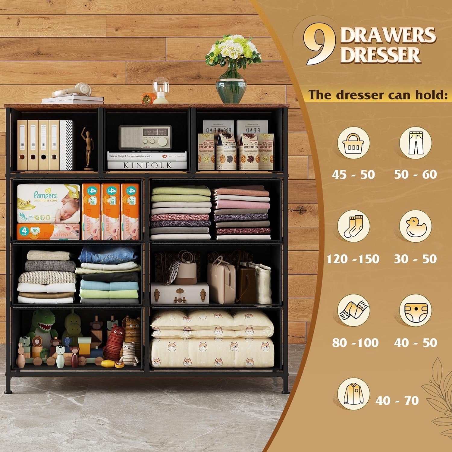Fabric Storage Dresser With 9 Drawers, Steel Frame And Wooden Top For Bedroom
