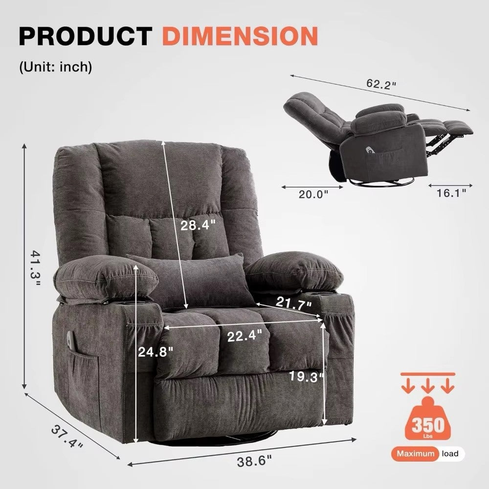 Massage Swivel Recliner Chair with Vibration Massage and Lumbar Heating