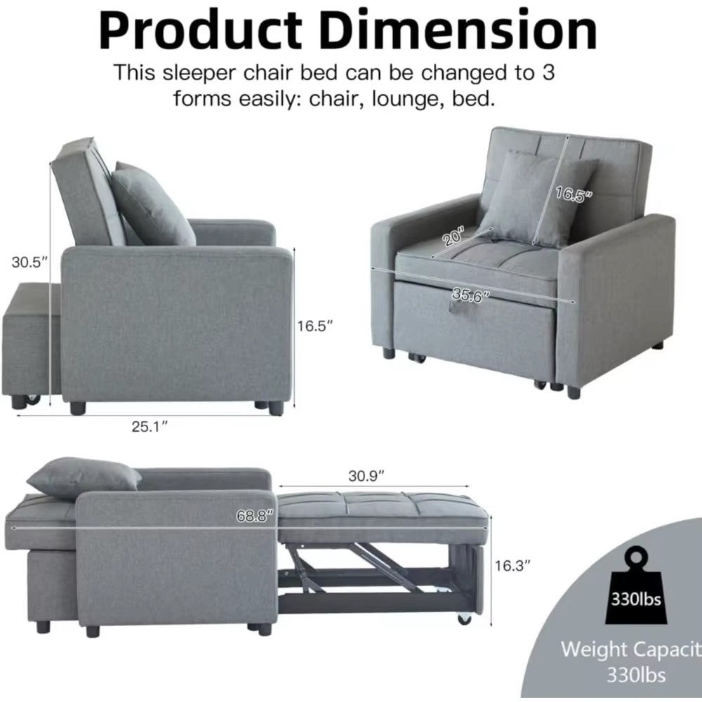 Convertible Sofa Chair with Pull-Out Sleeper and Reclining Backrest 3-in-1 Futon