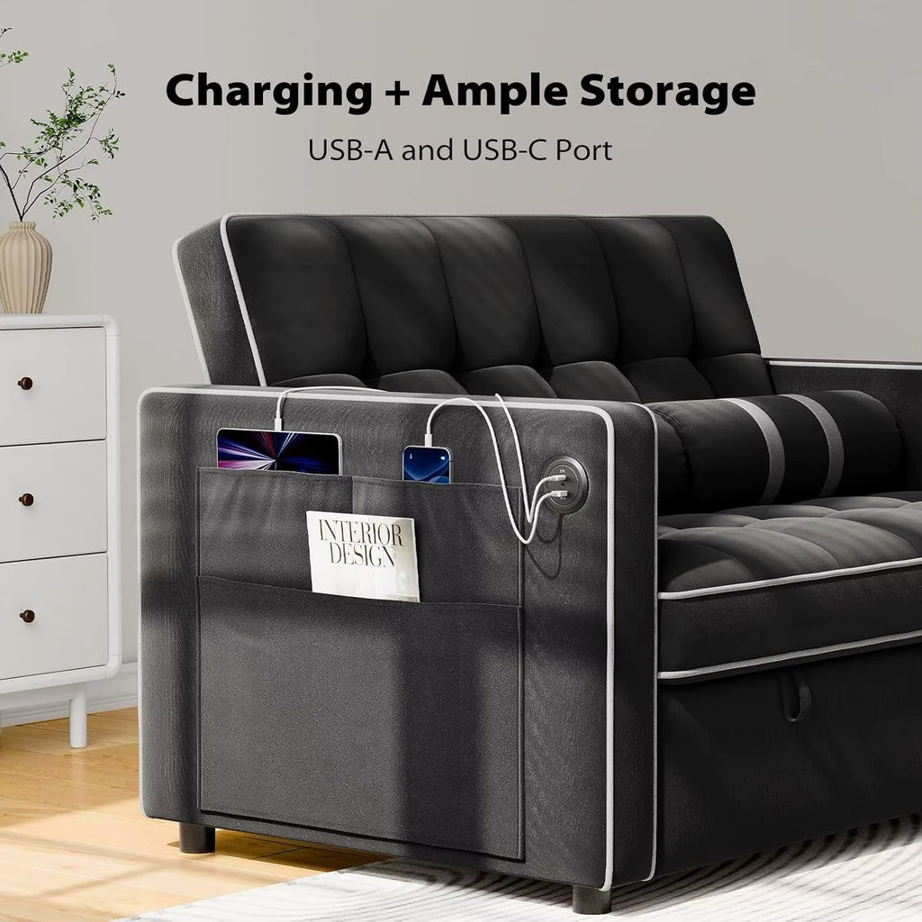 3 in 1 Convertible Sleeper Sofa Couch Bed with USB, Adjustable Backrest