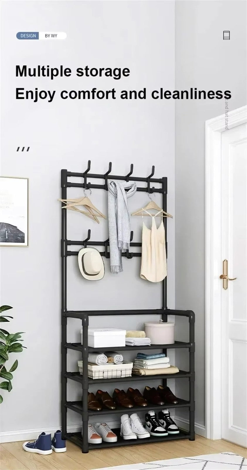 5-Tier Multi-Purpose Storage Rack with 8 Hooks, Hats, Coats, and Shoes (Black)