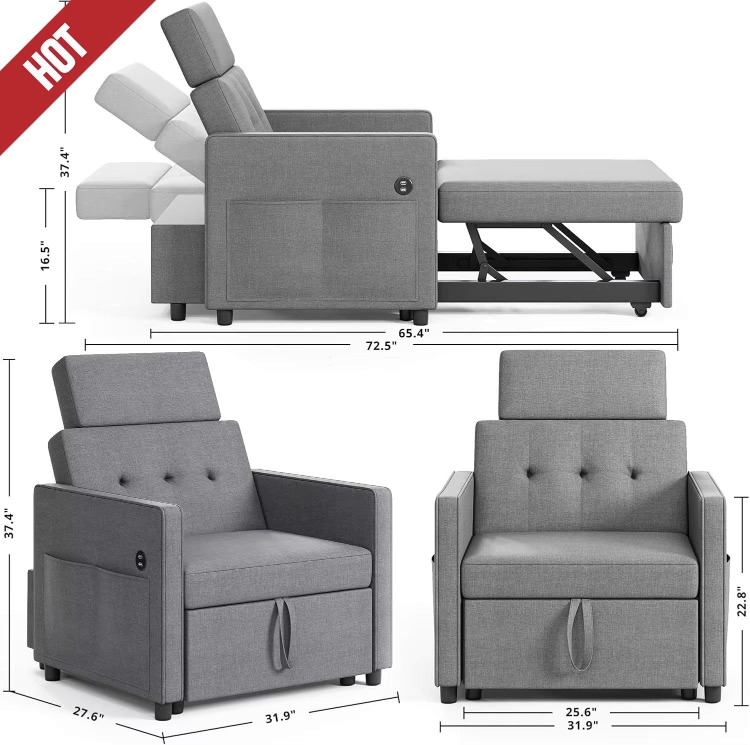 Sleeper Sofa Bed Chair, Convertible Sofa Chair 3 in 1, Pull Out Bed 