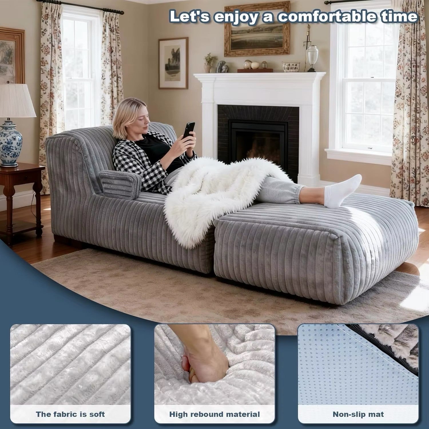 Large Memory Foam Lounge Chair with Armrests, Soft Faux Fur Fabric