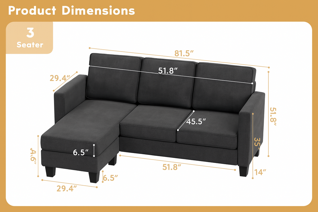 3 Seat L-Shaped Sofa With Linen Fabric Sectional Sofa Couch With Movable Ottoman