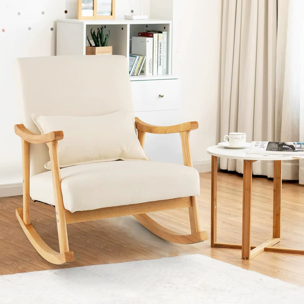 Modern Rocking Chair With Upholstered Rocker Armchair and Lumbar Pillow