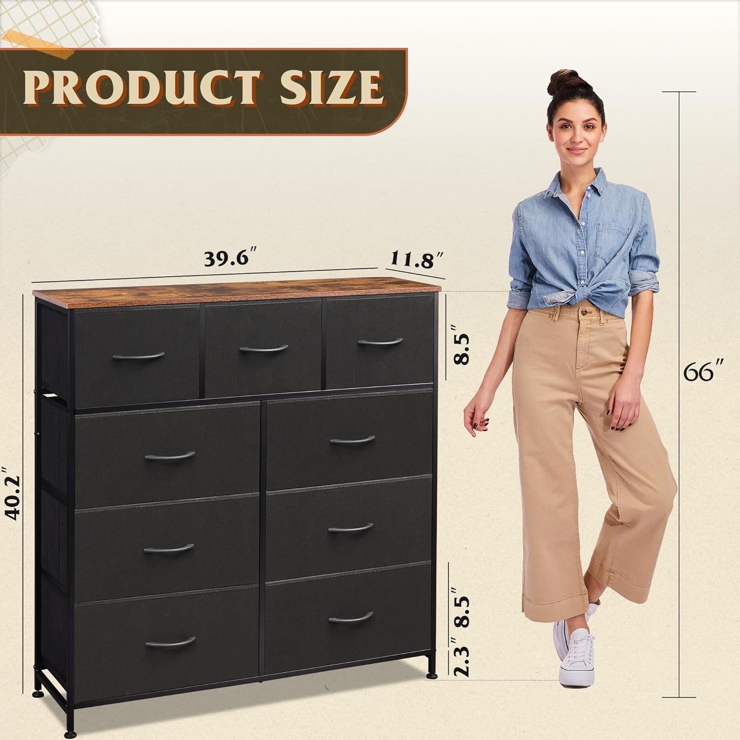 Fabric Storage Dresser With 9 Drawers, Steel Frame And Wooden Top For Bedroom