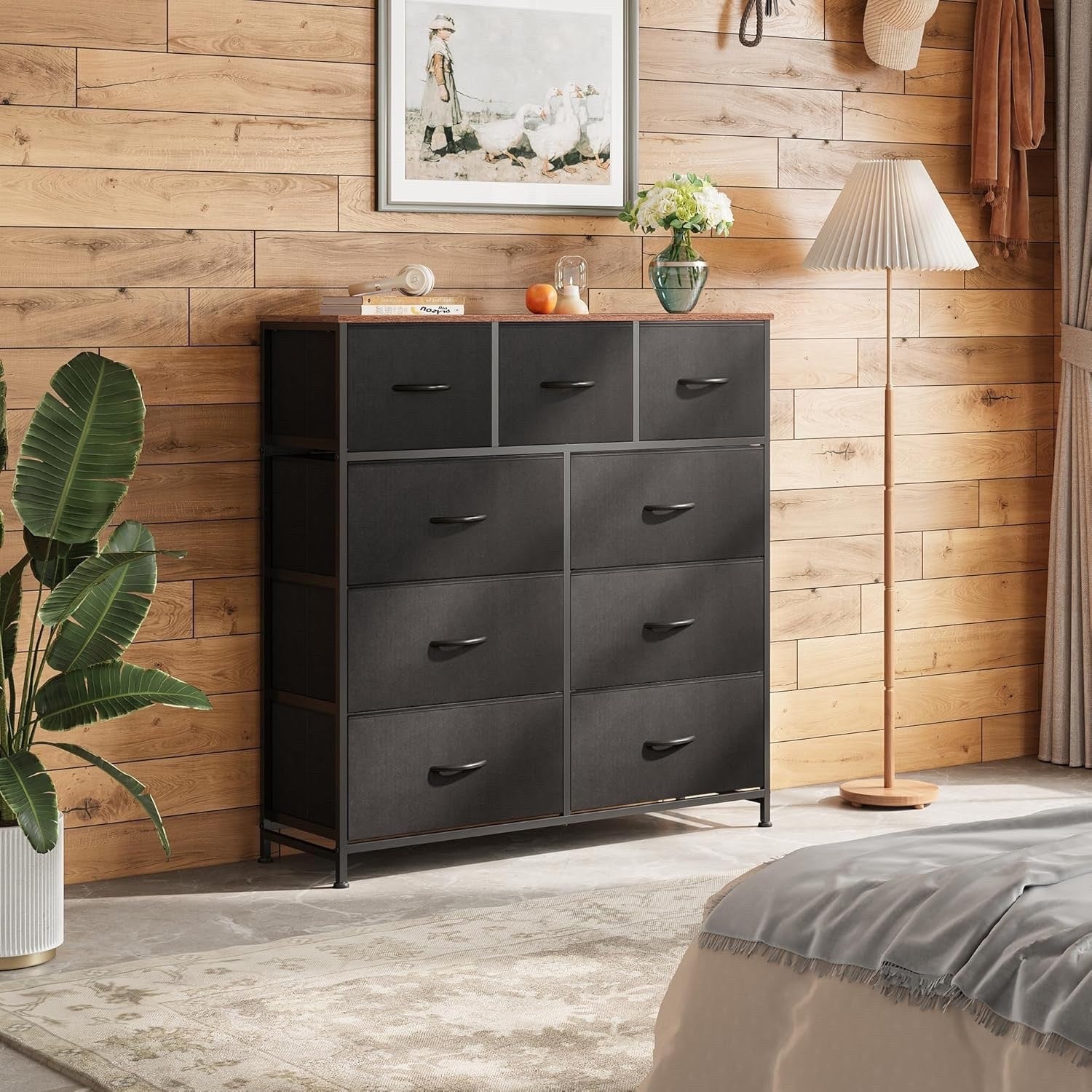 Fabric Storage Dresser With 9 Drawers, Steel Frame And Wooden Top For Bedroom