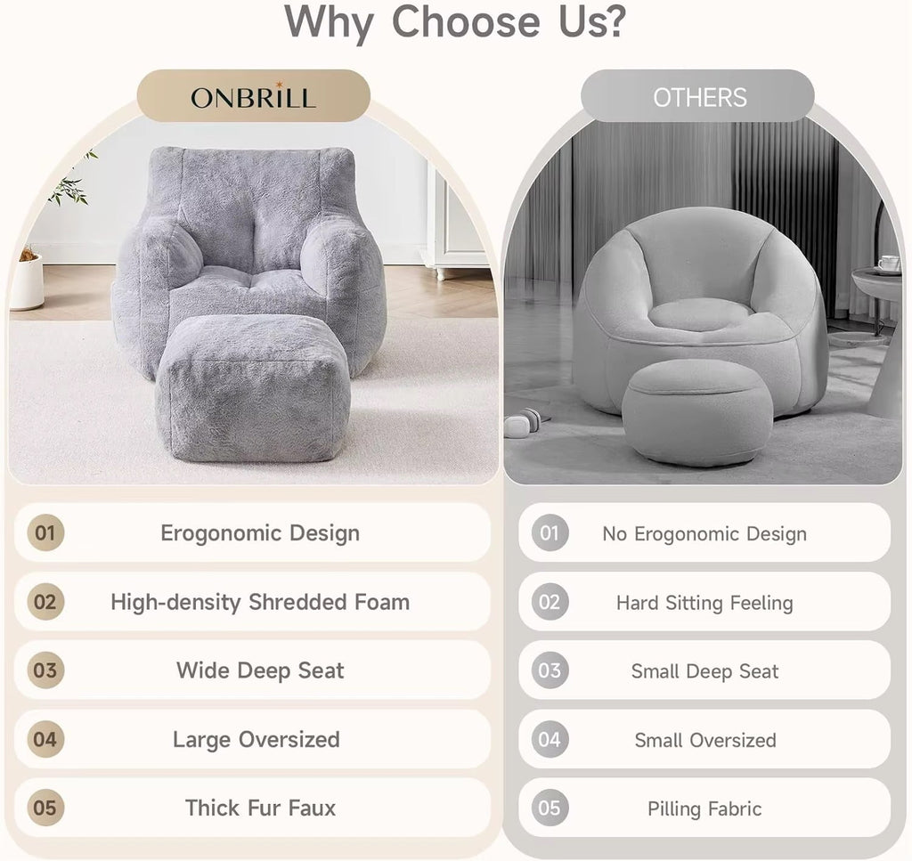 Giant Comfy Lounge Chair with Ottoman, Faux Fur Memory Foam Chaise Lounge Sofa