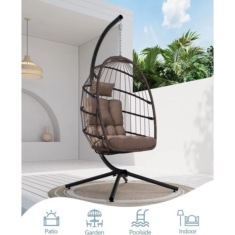 Outdoor Egg Chair with Stand, Indoor Wicker Hanging Egg Swing Chair with Cushion
