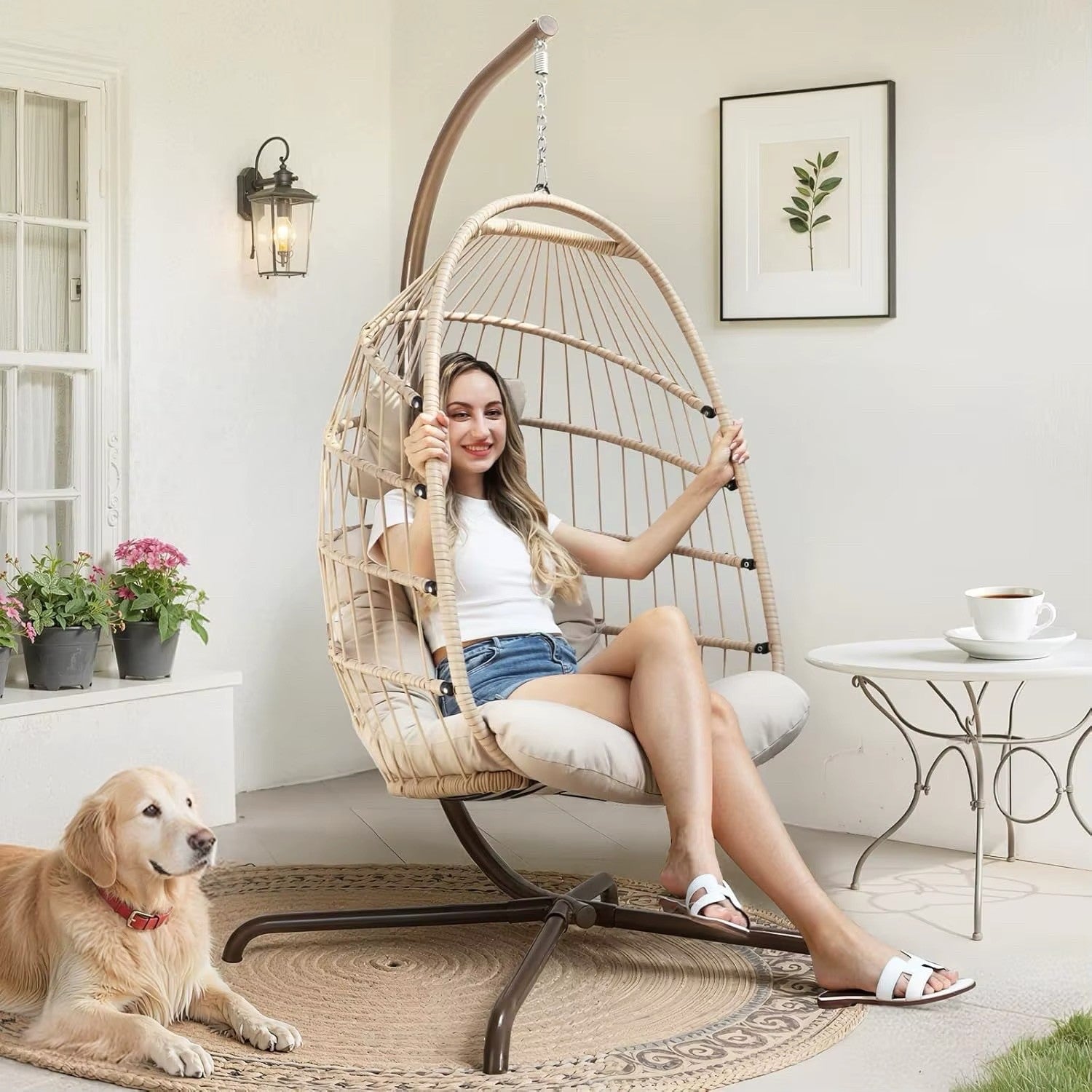 Outdoor Egg Chair with Stand, Indoor Wicker Hanging Egg Swing Chair with Cushion