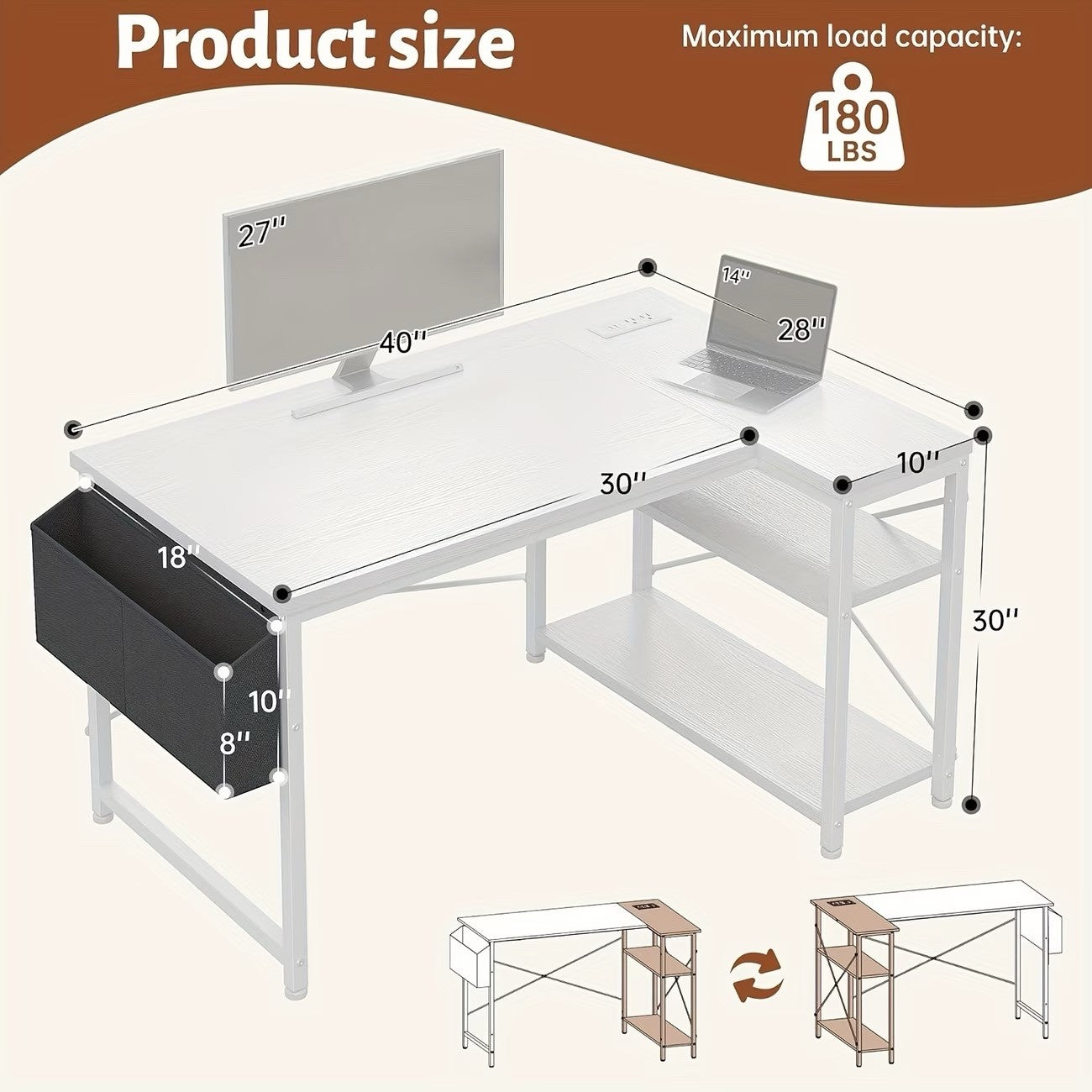 L Shaped Computer Desk with Power Outlets, Computer Desk with Storage Shelves