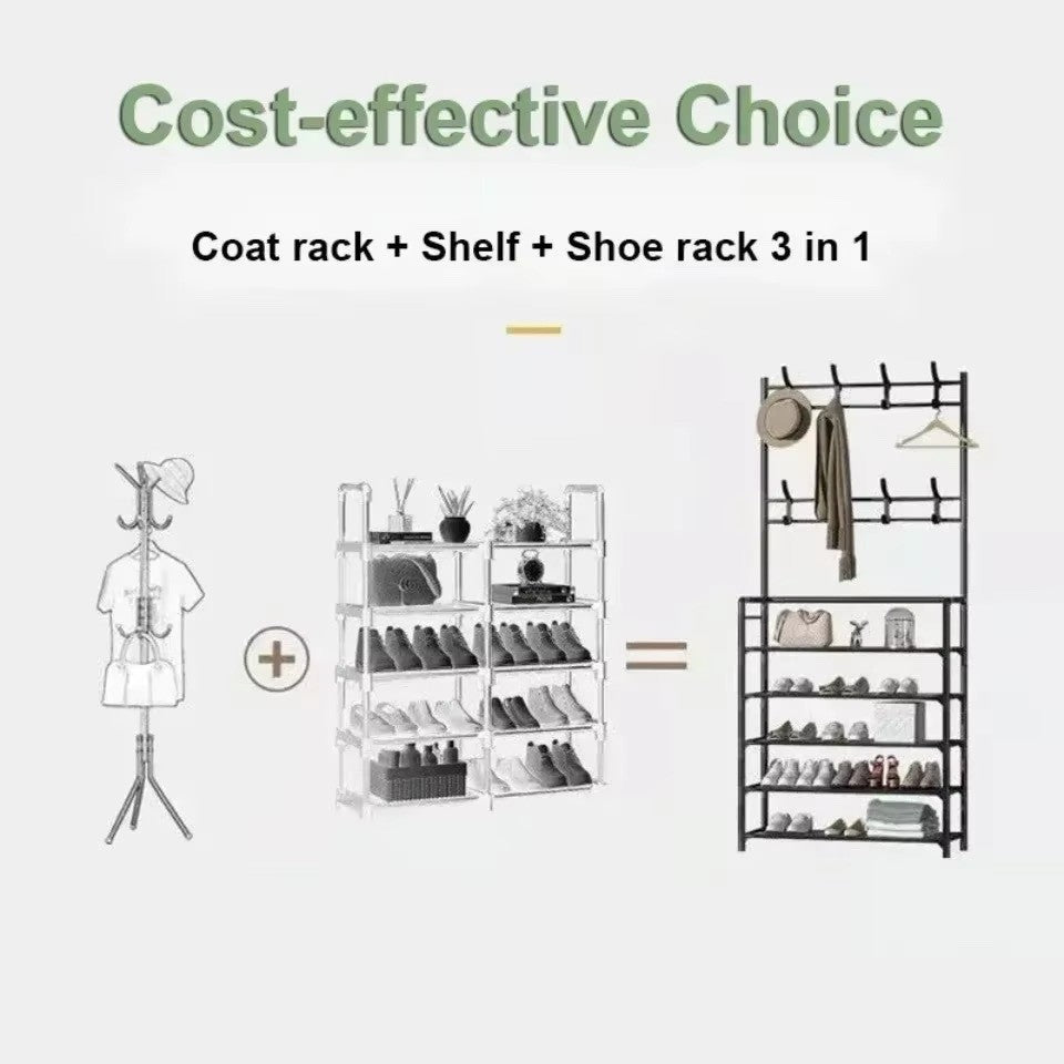5-Tier Multi-Purpose Storage Rack with 8 Hooks, Hats, Coats, and Shoes (White)