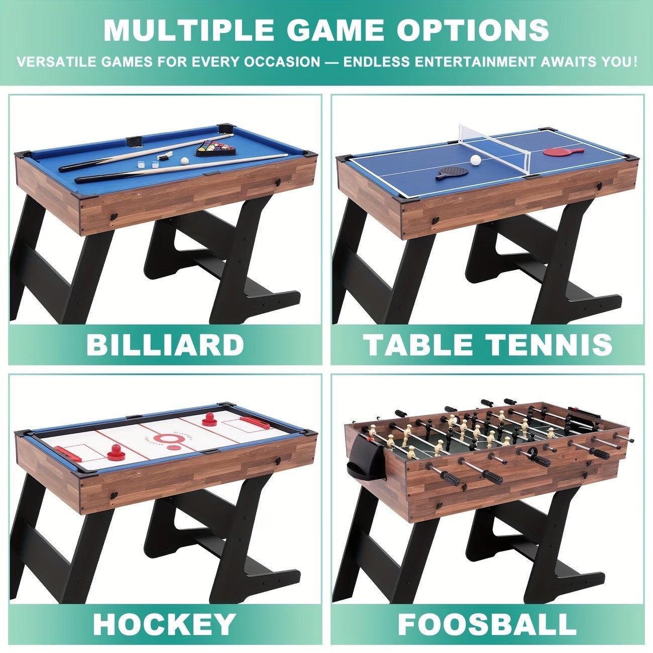 54-Inch Foldable Multifunctional Gaming Table, Ping Pong, Air Hockey, Foosball