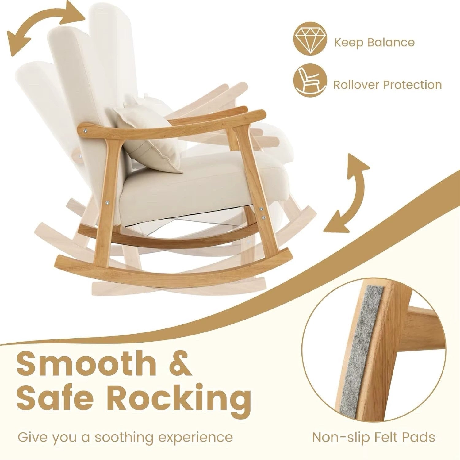 Modern Rocking Chair With Upholstered Rocker Armchair and Lumbar Pillow