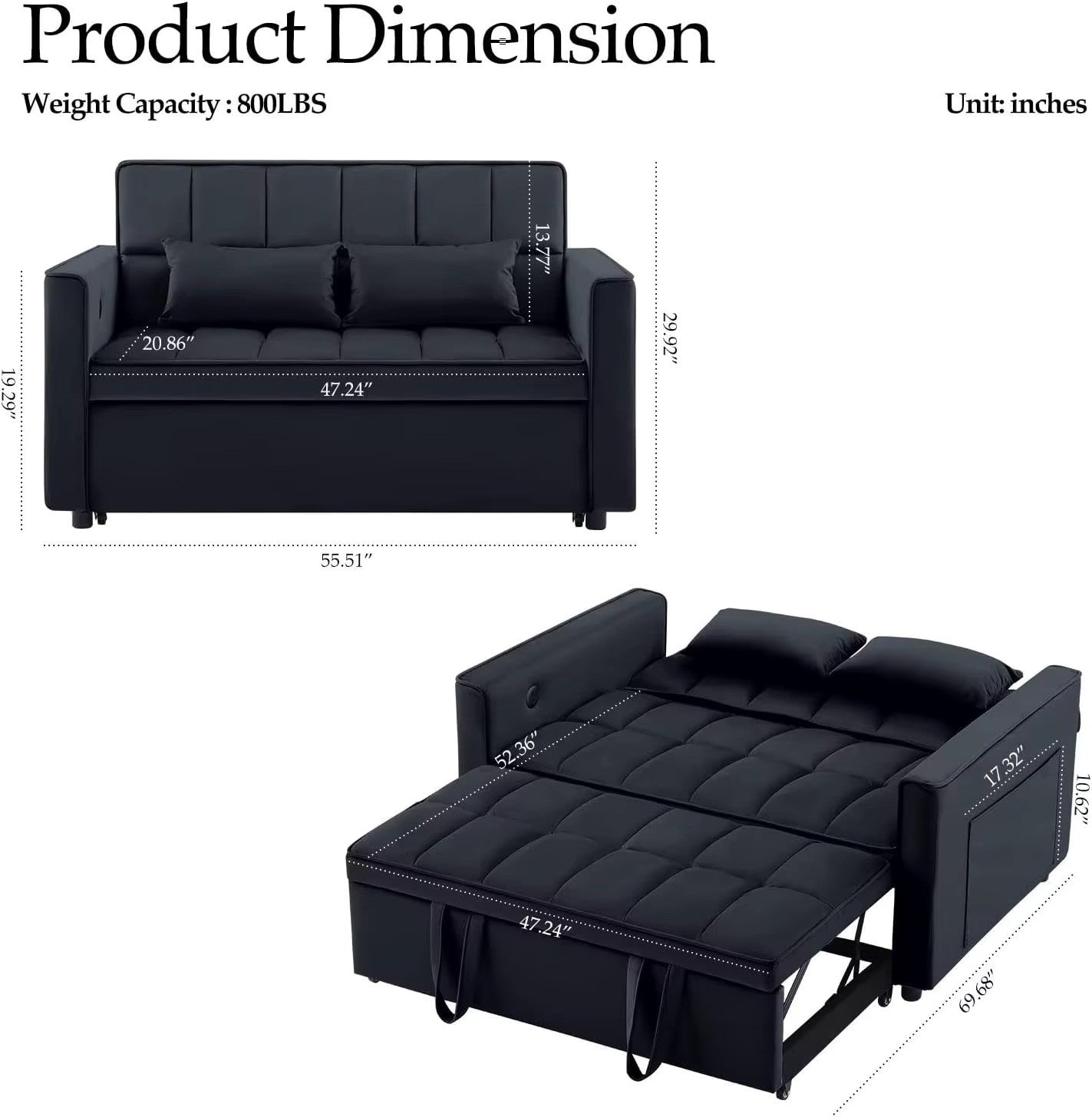 Modern 3 in 1 Convertible Sleeper Sofa Couch Bed with USB