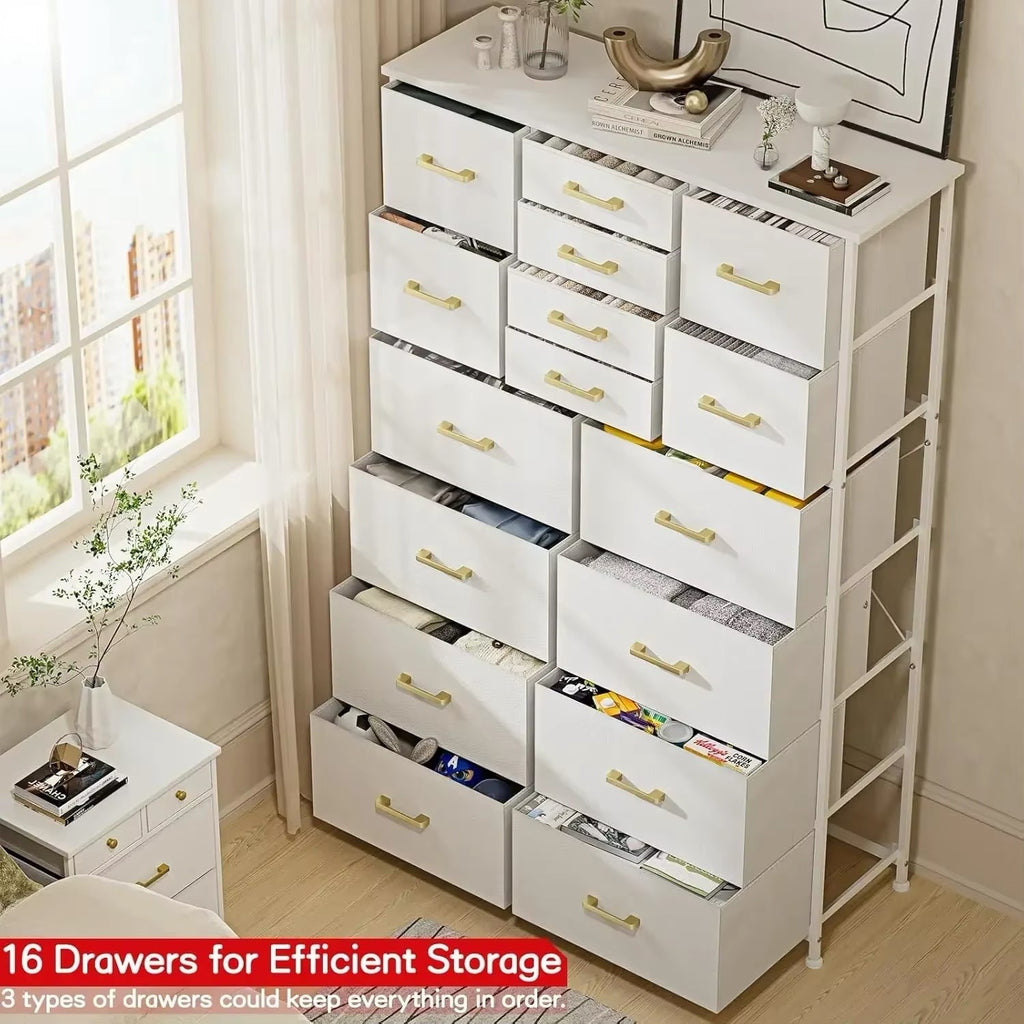 Tall Dresser for Bedroom, 16 Drawers, Wood Top and Metal Frame
