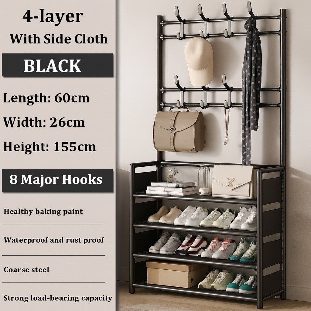 5-Tier Multi-Purpose Storage Rack with 8 Hooks, Hats, Coats, and Shoes (Black)