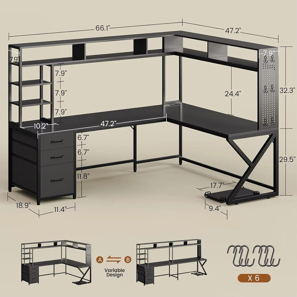 L Shaped Gaming Desk with Storage Shelves and Hutch, Convertible 94.5" 