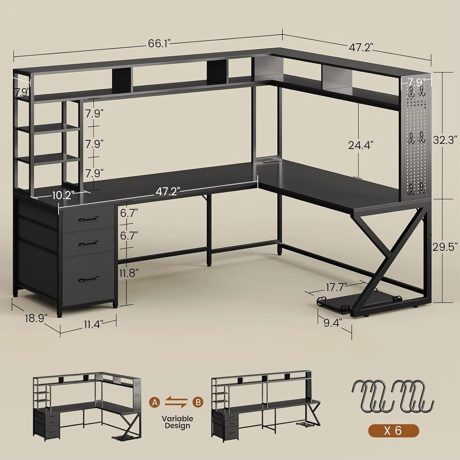 L Shaped Gaming Desk with Storage Shelves and Hutch, Convertible 94.5" 