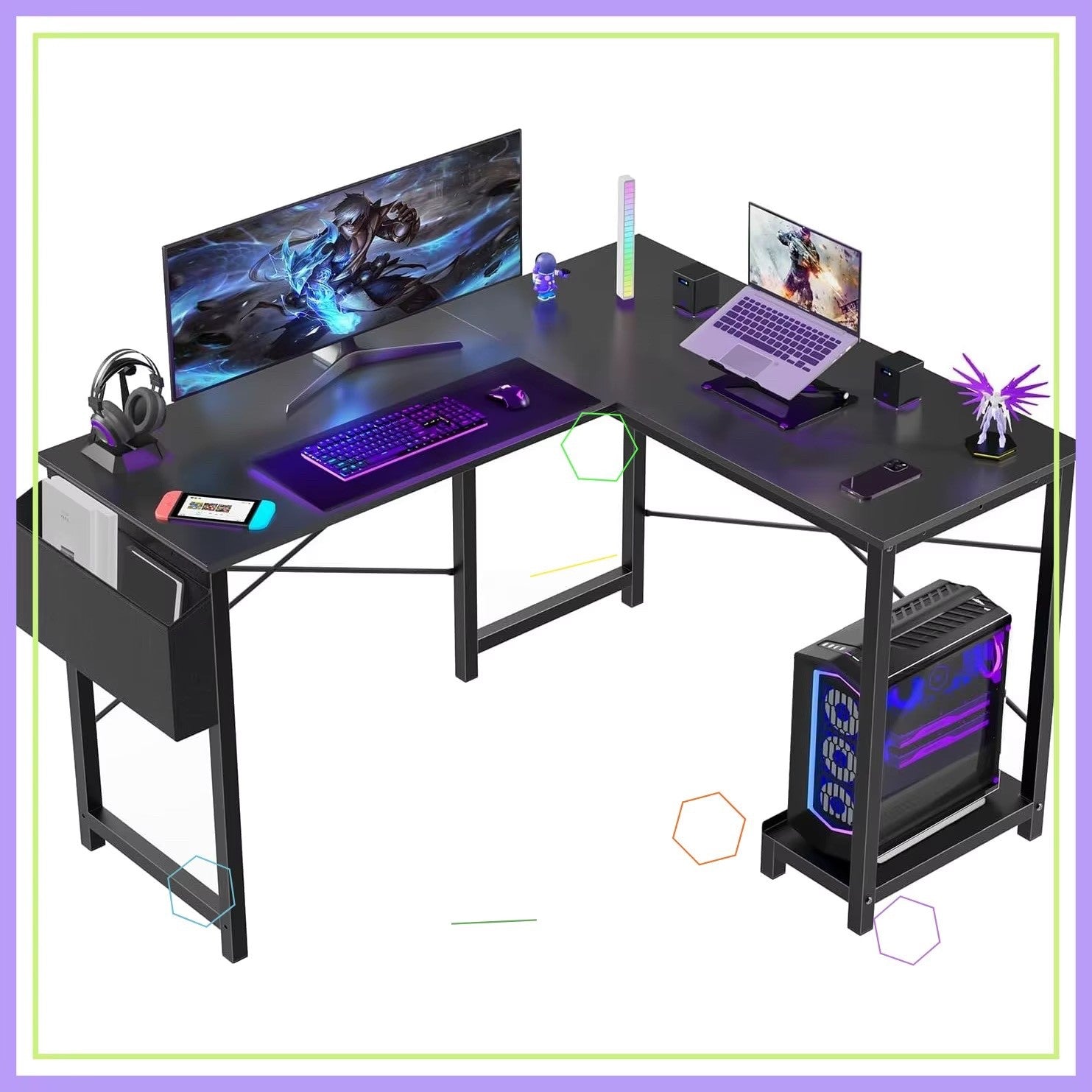 L-Shaped Gaming Desk with CPU Stand and Storage Bag, Black, 50-Inch