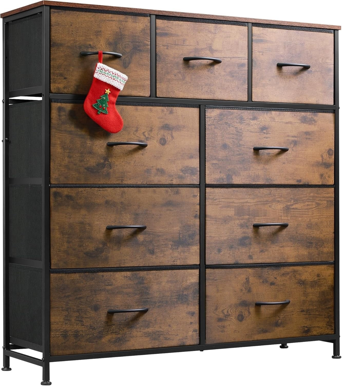 Fabric Storage Dresser With 9 Drawers, Steel Frame And Wooden Top For Bedroom