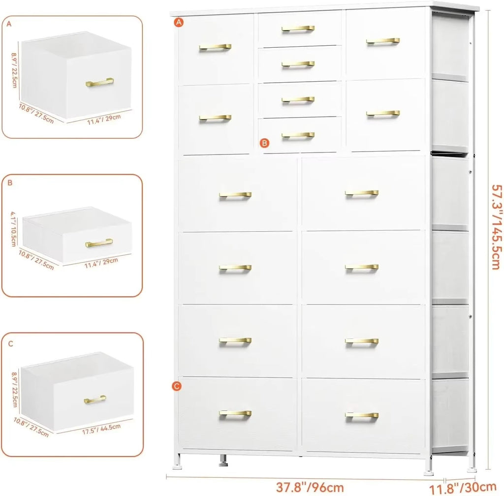 Tall Dresser for Bedroom, 16 Drawers, Wood Top and Metal Frame