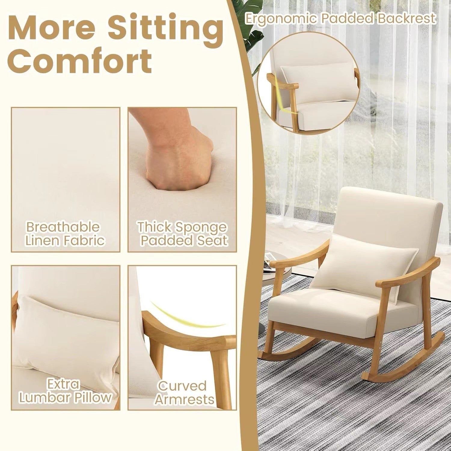 Modern Rocking Chair With Upholstered Rocker Armchair and Lumbar Pillow