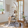 Outdoor Egg Chair with Stand, Indoor Wicker Hanging Egg Swing Chair with Cushion