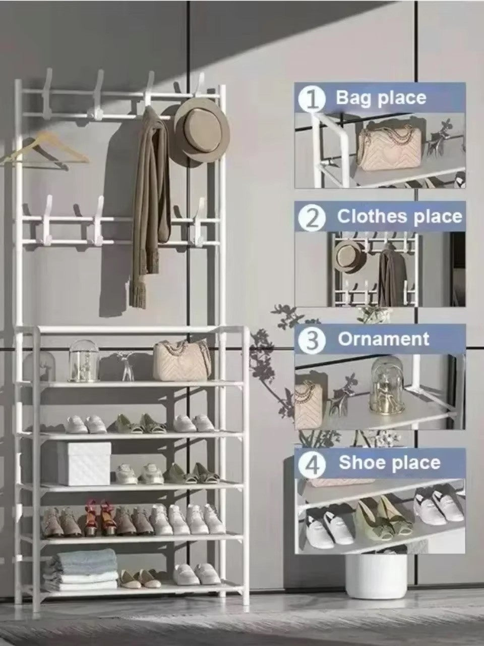 5-Tier Multi-Purpose Storage Rack with 8 Hooks, Hats, Coats, and Shoes (White)