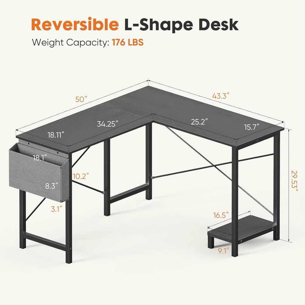 L-Shaped Gaming Desk with CPU Stand and Storage Bag, Black, 50-Inch