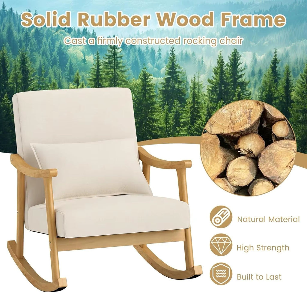 Modern Rocking Chair With Upholstered Rocker Armchair and Lumbar Pillow