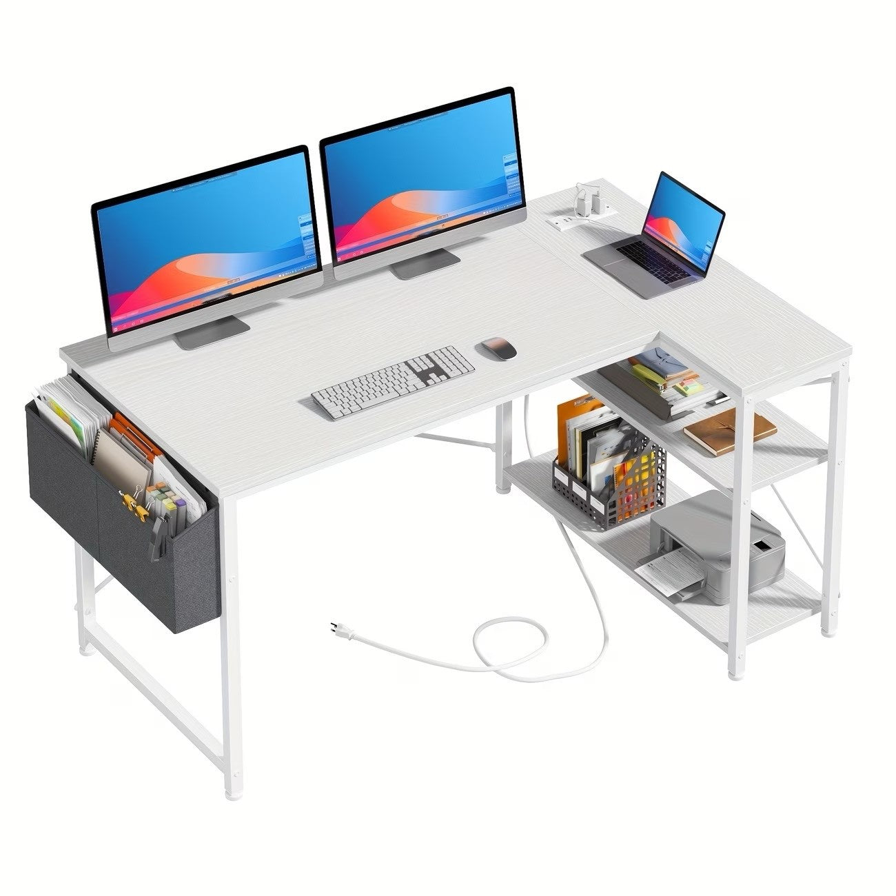 L Shaped Computer Desk with Power Outlets, Computer Desk with Storage Shelves