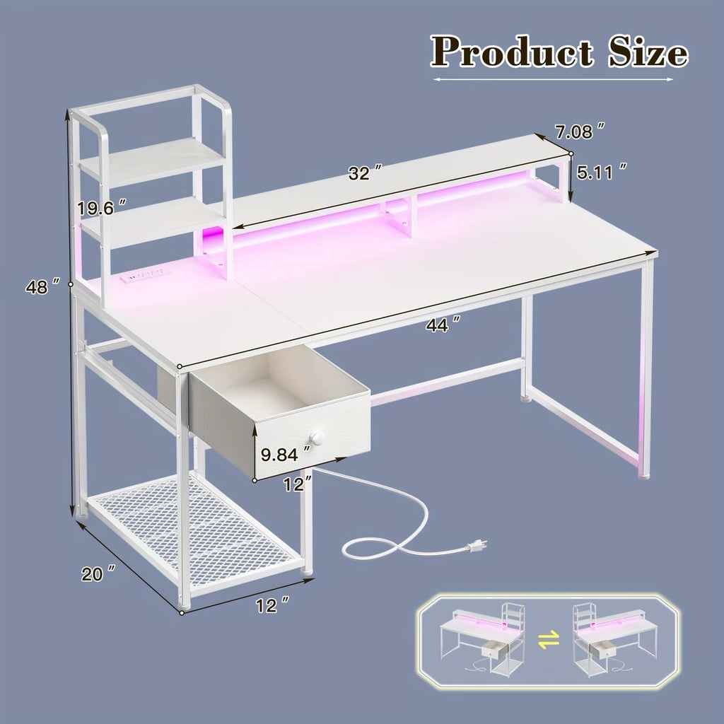 L Shaped Computer Desk with Power Outlets, Computer Desk with Storage Shelves
