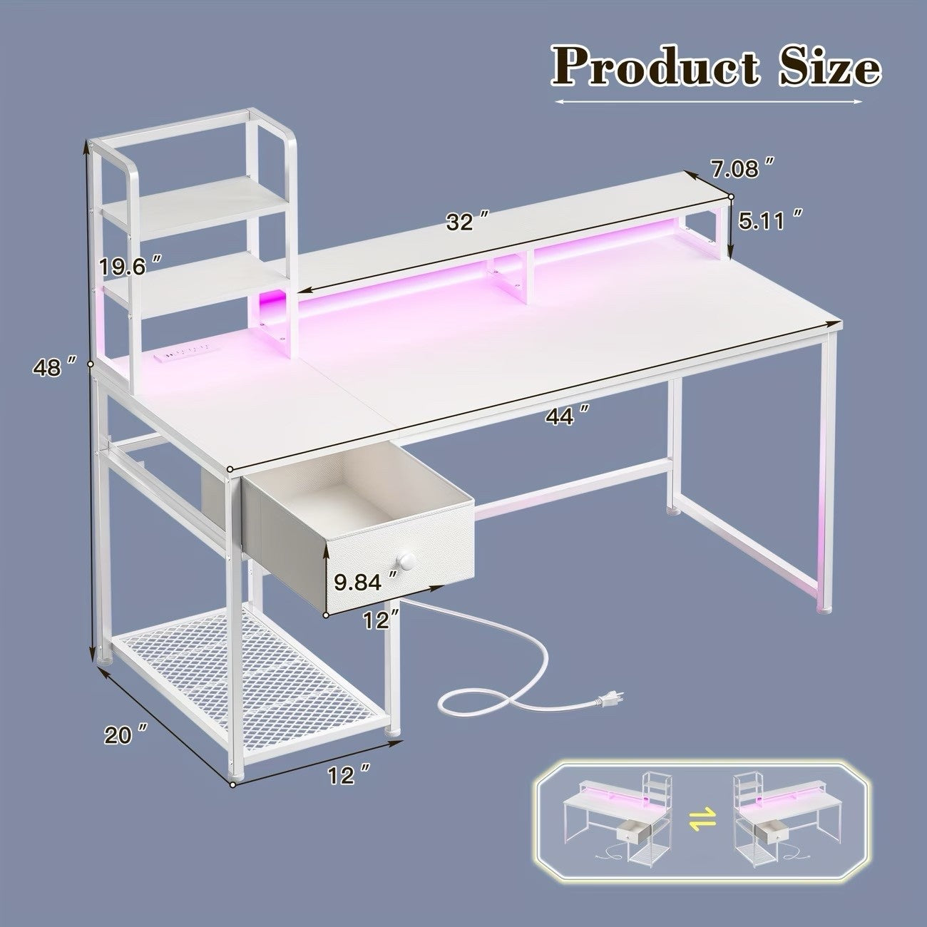 L Shaped Computer Desk with Power Outlets, Computer Desk with Storage Shelves
