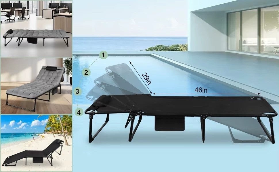 Portable Folding Camping Cot 3-Position Reclining Lounge Chair with Pillow 68cm