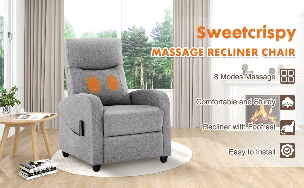 JHK Recliner Chair Massage Sofa Fabric Adjustable Lumbar Support Grey