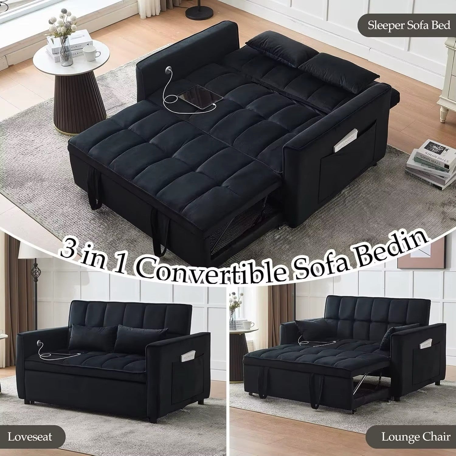 Modern 3 in 1 Convertible Sleeper Sofa Couch Bed with USB