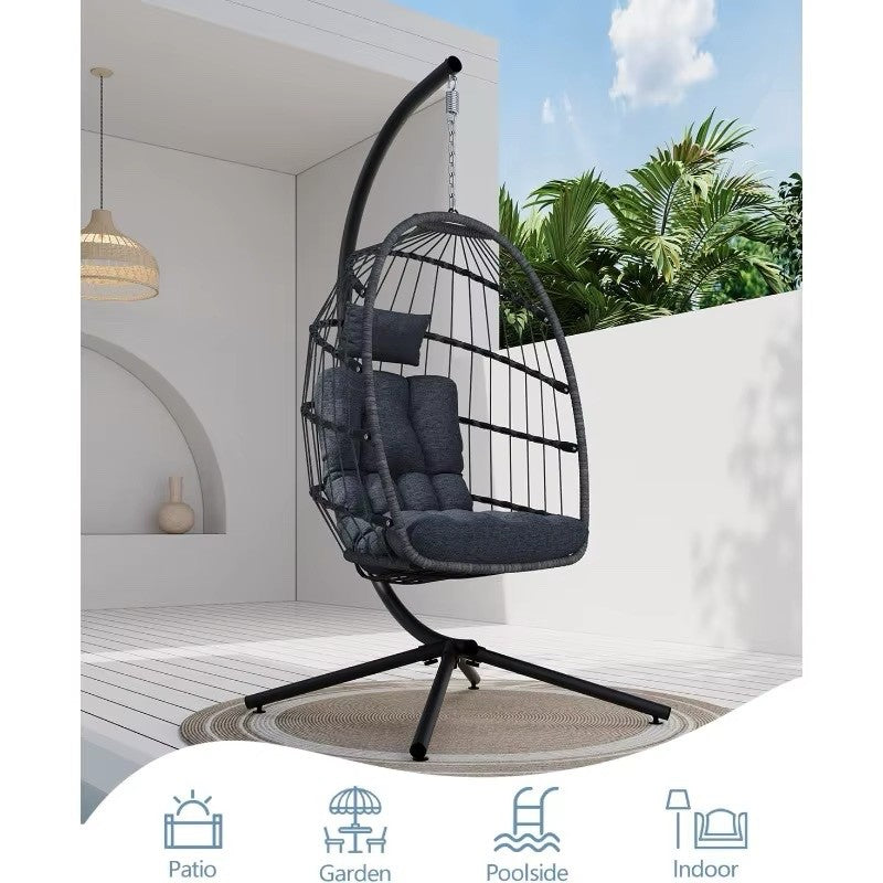 Outdoor Egg Chair with Stand, Indoor Wicker Hanging Egg Swing Chair with Cushion