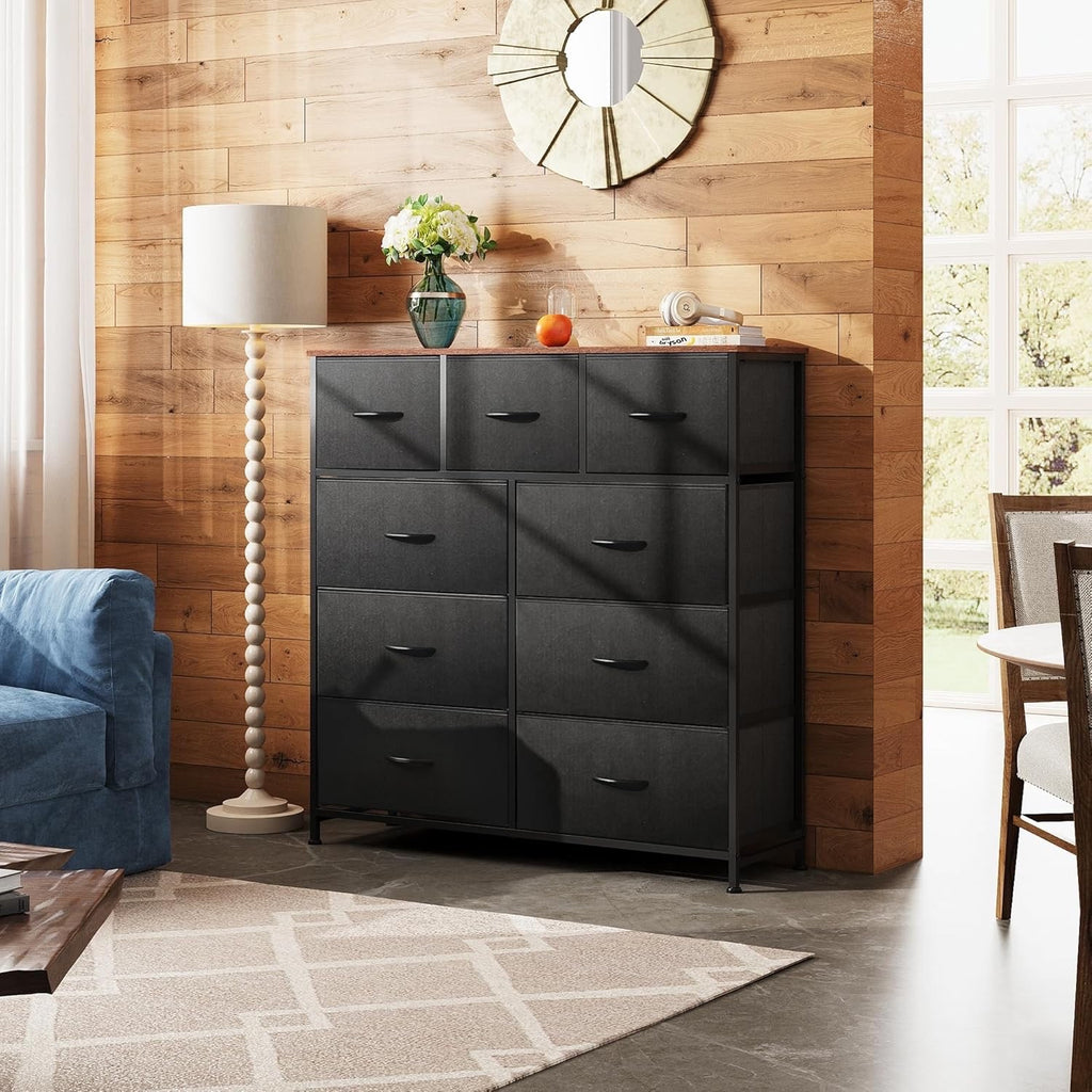 Fabric Storage Dresser With 9 Drawers, Steel Frame And Wooden Top For Bedroom