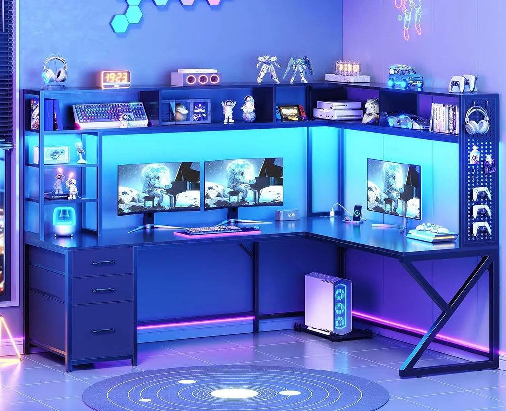 L Shaped Gaming Desk with Storage Shelves and Hutch, Convertible 94.5" 