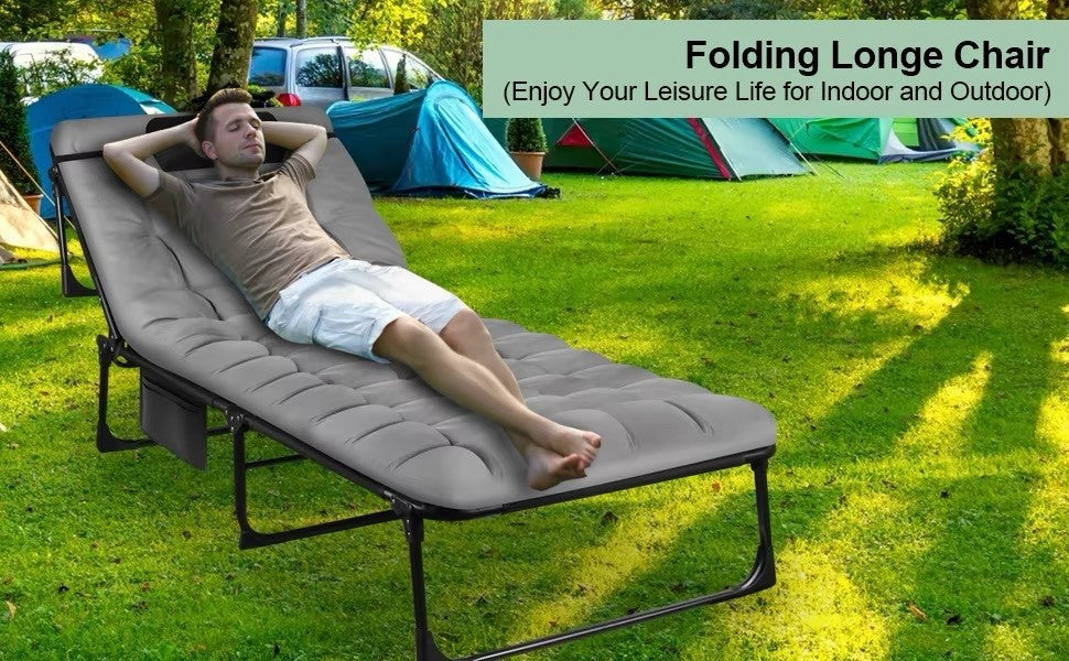 Portable Folding Camping Cot 3-Position Reclining Lounge Chair with Pillow 68cm